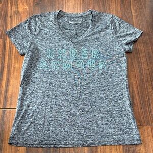 Under Armour Gray Heather V-Neck Tee w/ Teal Logo women M loose fit heatgear